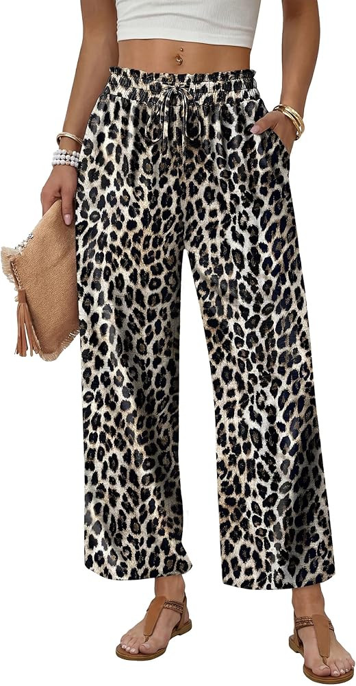 WIHOLL Wide Leg Pants Woman Flowy Palazzo Drawstring Elastic Waist Trousers with Pockets Casual Lounge | Amazon (US)