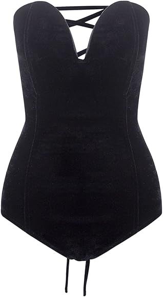 Clothink Women Burgundy Bandeau Back Lace Up Velvet Bodysuit | Amazon (US)