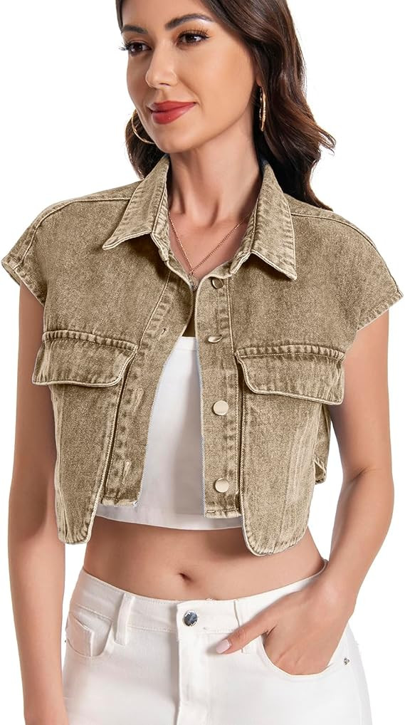 Women Cropped Denim Shirt Summer Jean Stylish Button Down Collared Cute Sleeveless Top with Pocke... | Amazon (US)