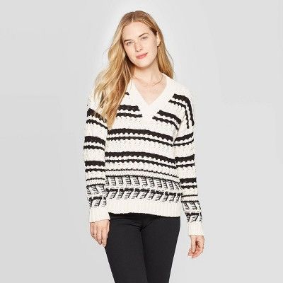 Women's Long Sleeve Ribbed Cuff V-Neck Cable Chenille Pullover Sweater - Universal Thread™ Blac... | Target