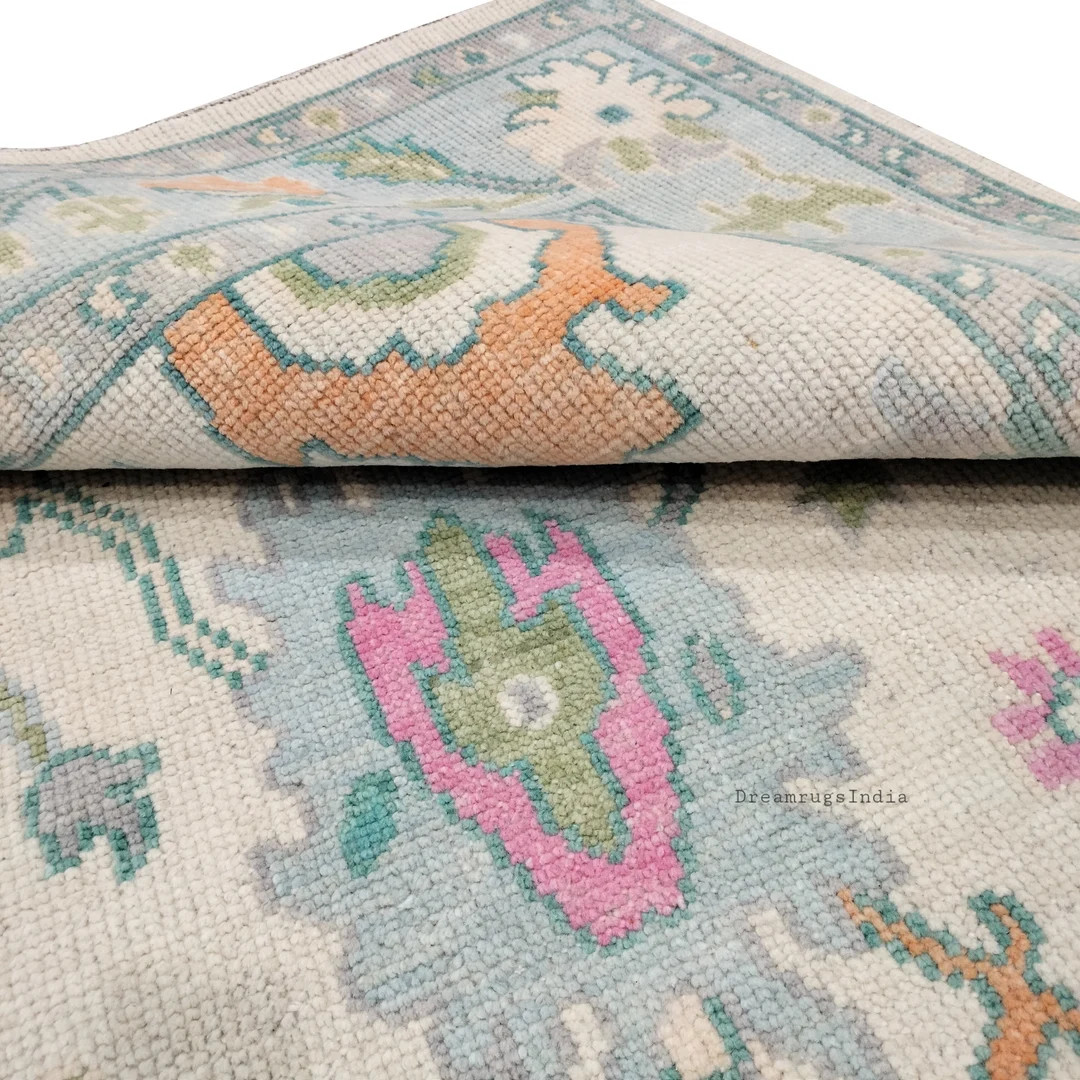 Pastel Cream and Blue With Green Accent Oushak Persian Knot Rug in Hand Knotted Wool Rug for Livi... | Etsy (US)