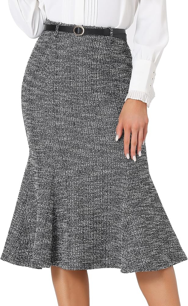 Allegra K Tweed Midi Skirt for Women's Plaid Belted Fishtail Bodycon Skirts | Amazon (US)