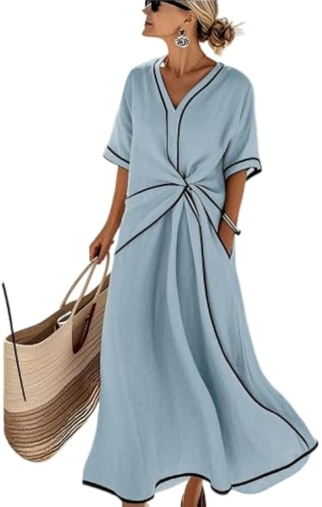 Women's Linen V Neck Twist Front Maxi Dress Casual Short Sleeve Contrast Summer Vacation Sundress... | Amazon (US)