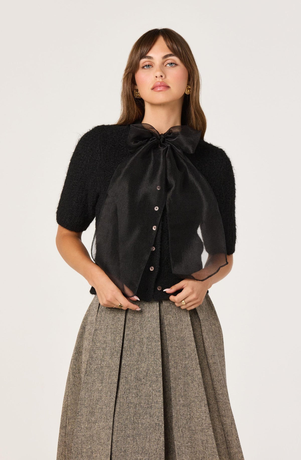 Organza Bow Short Sleeve Cardigan - Black / XS | ASTR The Label (US)