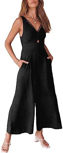 ANRABESS Womens Summer Linen Wide Leg Sleeveless Jumpsuits | V Neck Cutout High Waist Rompers, Br... | Amazon (US)