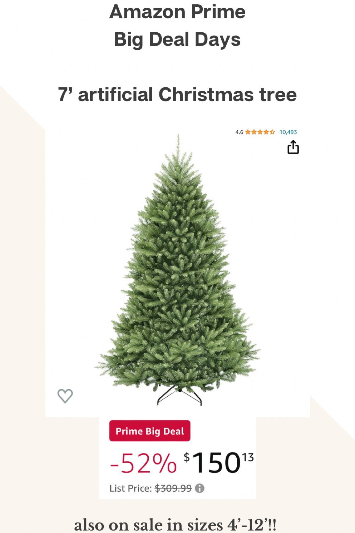 Artificial Christmas tree is on major sale! Price showings for 7ft. Also on sale in sizes 4ft-12ft!