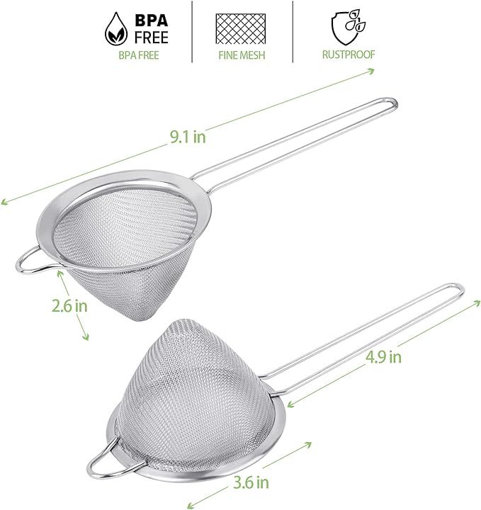 2 Pack Stainless Steel 18/8 Small Food Strainer, Fine Mesh Sieve with Long Handle, Cocktail Strai... | Amazon (US)