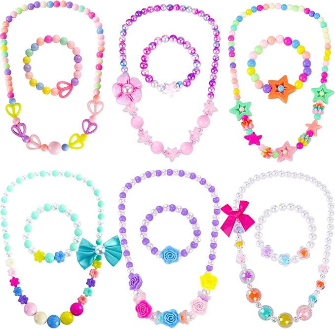 BigOtters Little Girls Necklace Bracelet, 6 Sets Lovely Colorful Beads Jewelry Princess Dress up ... | Amazon (US)
