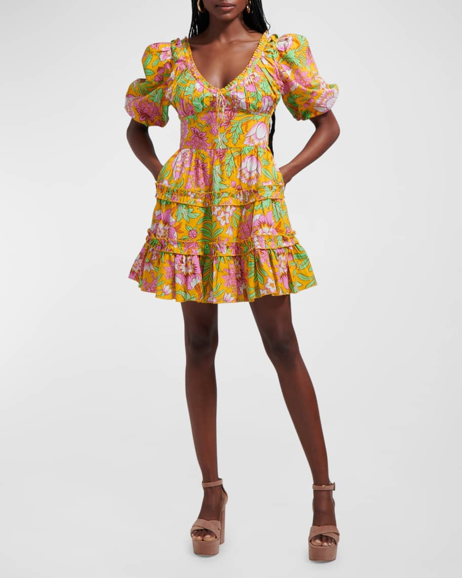 LOVE THE LABEL Eloise Puff-Sleeve Tiered Floral Cotton Mini Dress | Neiman Marcus