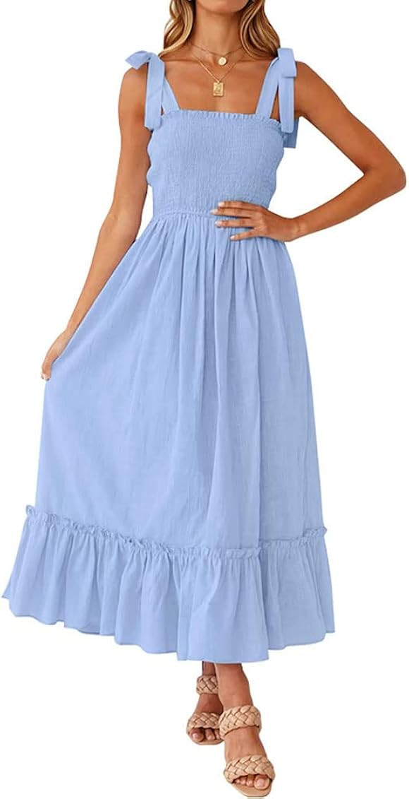 Tobrief Women's Boho Dress Summer Spaghetti Strap Square Neck Flowy Ruffle Beach Long Maxi Dress | Amazon (US)