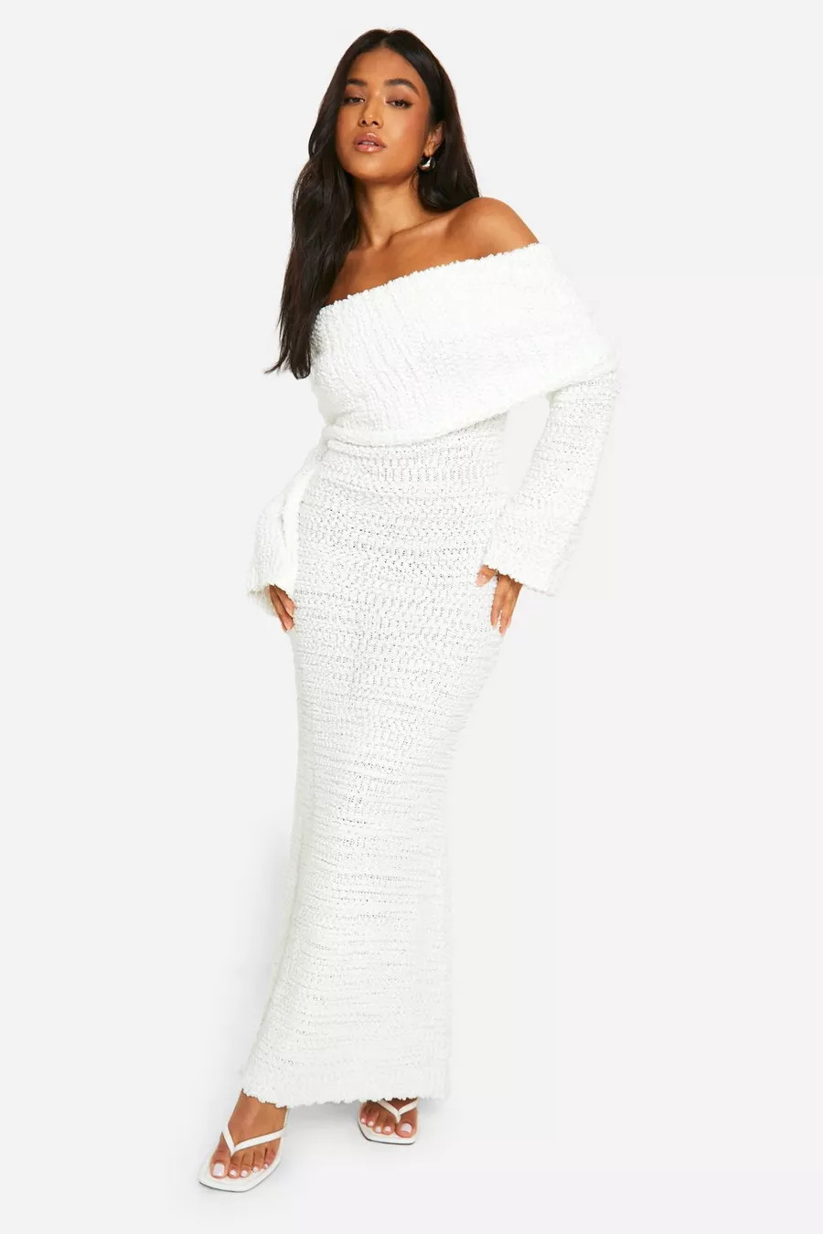 Petite Boucle Extreme Foldover Off The Shoulder Knitted Maxi Dress | boohoo (US & Canada)