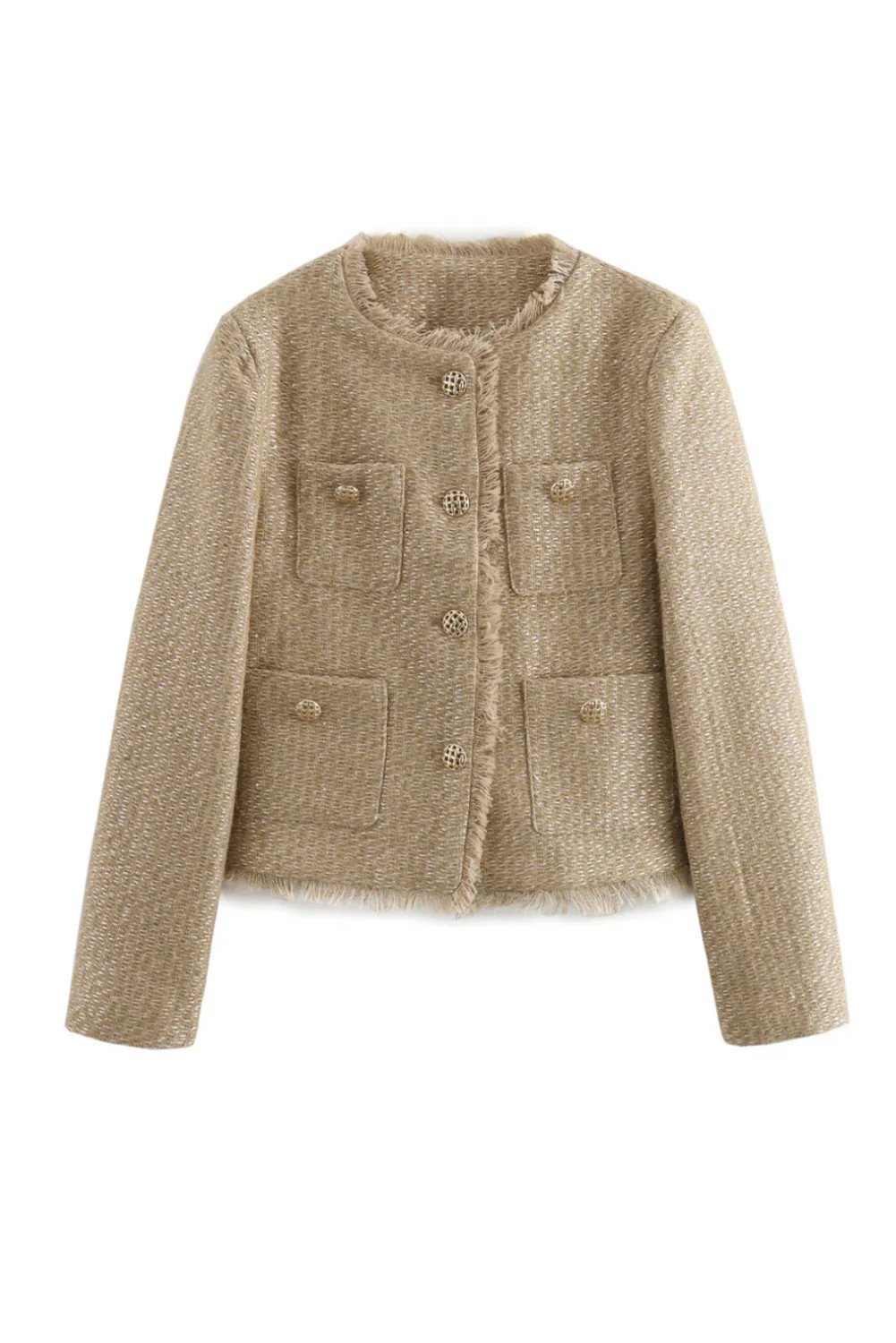 Womens Chic Long Sleeve Classic Tweed Buttoned Jacket Beige / L | Mia Belle Girls