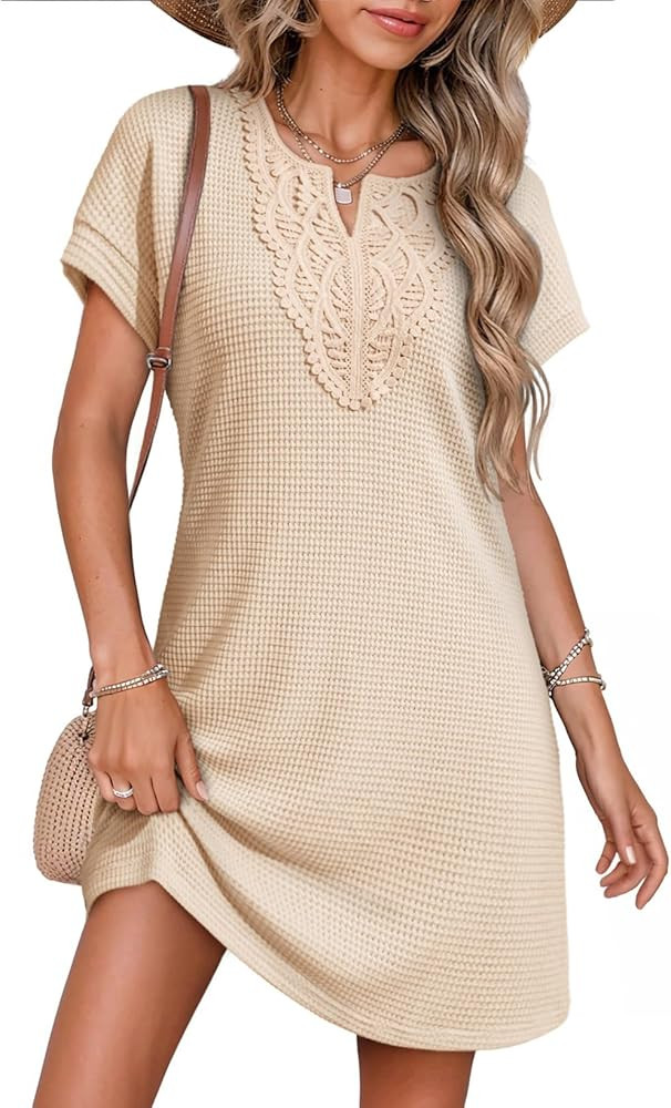 Dokotoo Crochet Dress Waffle Knit Embroidered V Neck Short Sleeve Beach Coverup Summer Vacation O... | Amazon (US)