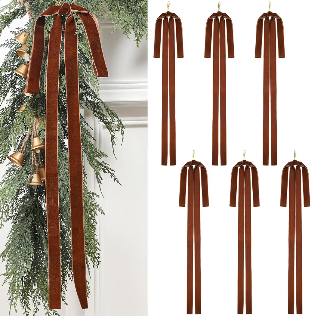 Janinka 6 Pcs Dark Brown Long Velvet Bow Ornaments Christmas Swag 23.5x15.5 Inch Rustic Vintage L... | Amazon (US)