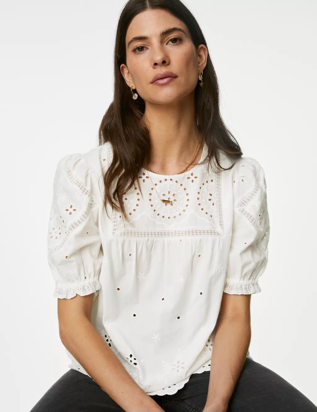 Pure Cotton Broderie Puff Sleeve Blouse | Marks & Spencer (UK)
