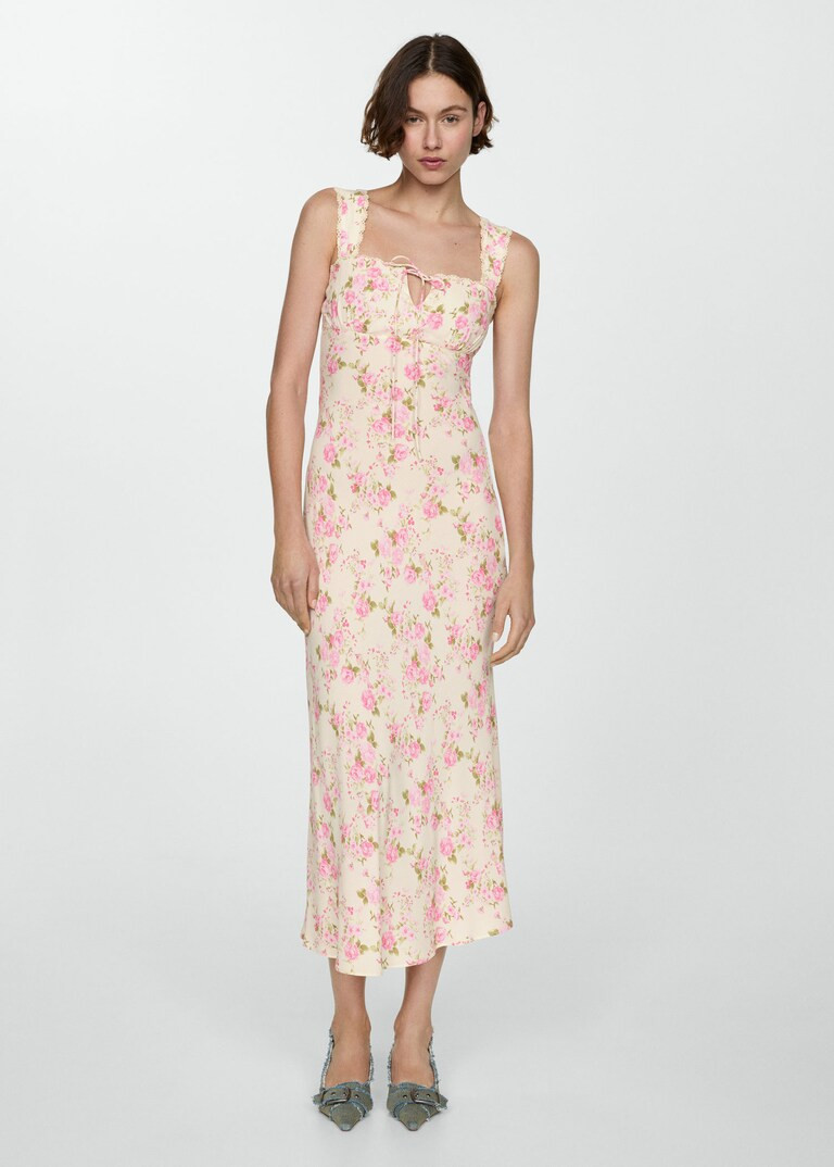 Floral dress with bow neckline -  Women | Mango United Kingdom | MANGO (UK)
