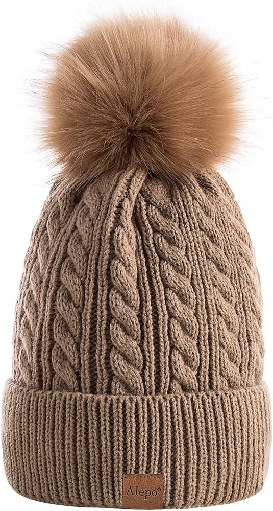 Alepo Womens Winter Beanie Hat, Warm Fleece Lined Knitted Soft Ski Cuff Cap with Pom Pom | Amazon (US)
