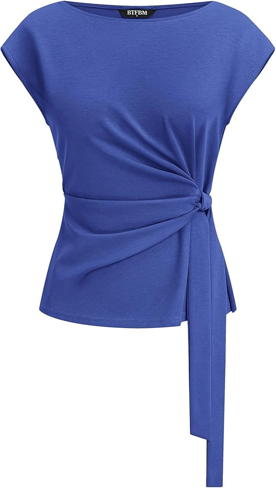 BTFBM Womens Tops Summer 2026 Cap Sleeve Crew Neck Tie Waist Blouses Dressy Casual Business Work ... | Amazon (US)