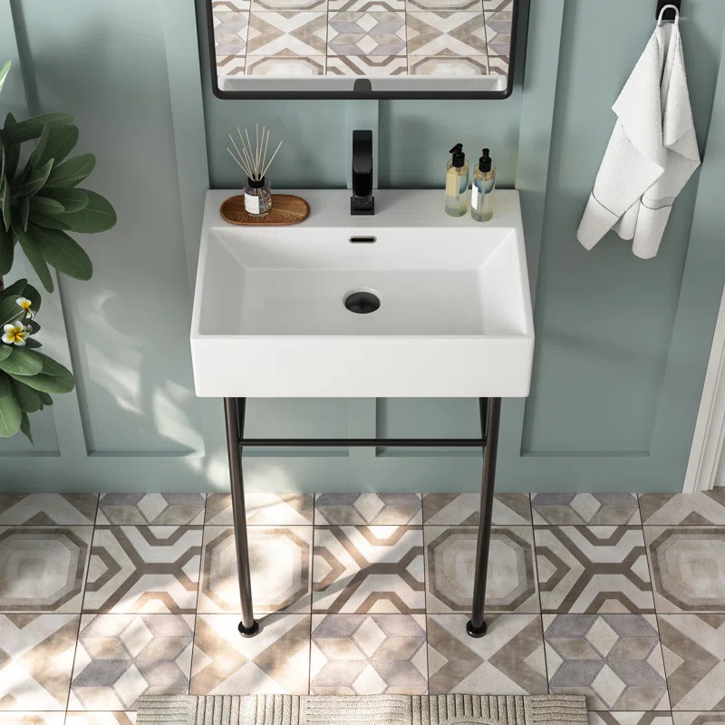 Ceramic White Rectangular Single Faucet Hole 24 in Console Bathroom Sink with Overflow | Wayfair North America
