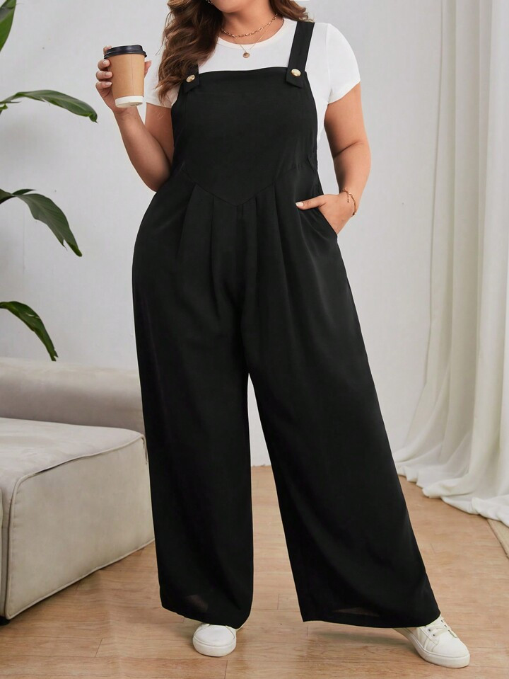 SHEIN Essnce Plus Solid Wide Leg Overall Jumpsuit Without Tee | SHEIN USA | SHEIN
