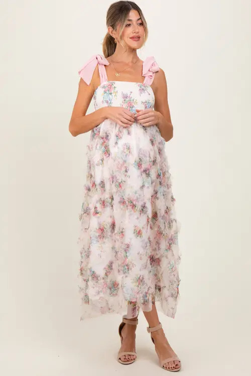 PinkBlush Floral Smocked Shoulder Tie Ruffled Midi Dress in Cream at Nordstrom, Size Medium | Nordstrom