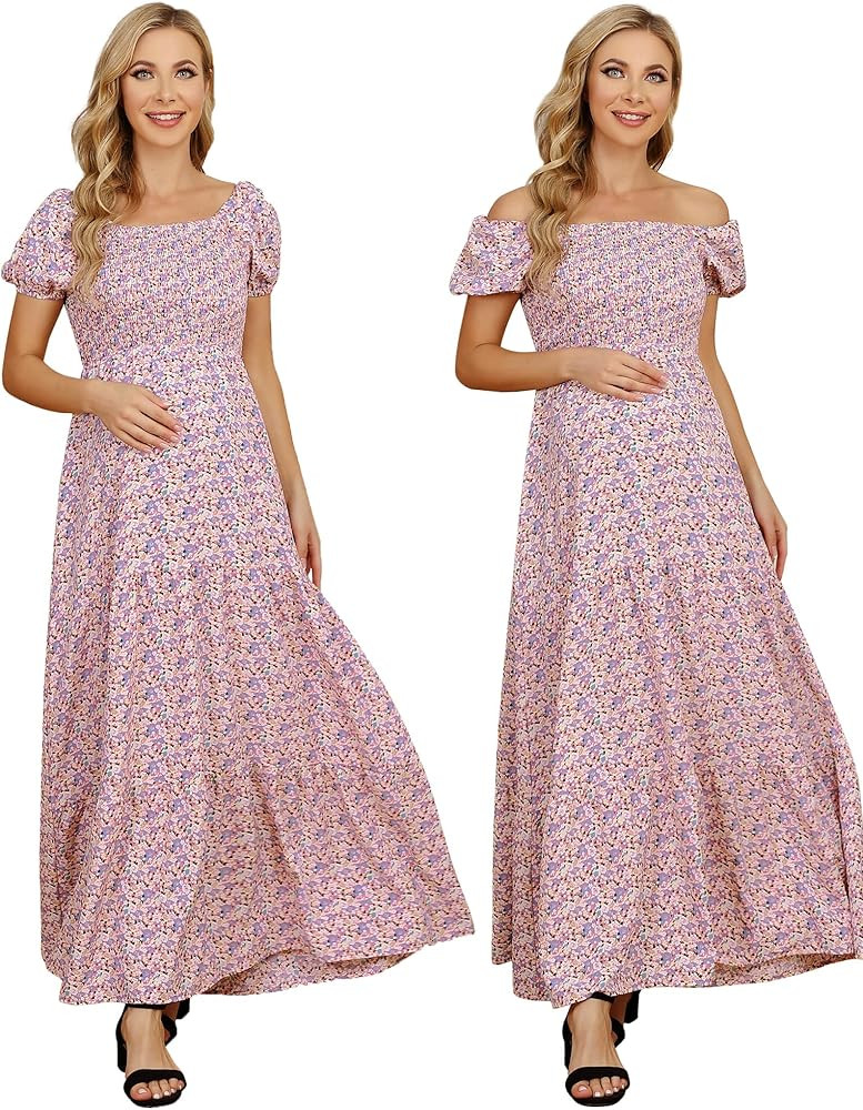 Coolmee Women's Smocked Elastic Waist Tiered Maxi Dress Square Neck Puff Sleeve Ruffle Maternity Max | Amazon (US)