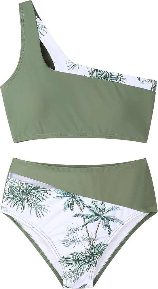 Girls Swimsuit 2 Piece One Shoulder Cutout Girls Bikini Top High Waisted Bottom Bathing Suits for... | Amazon (US)