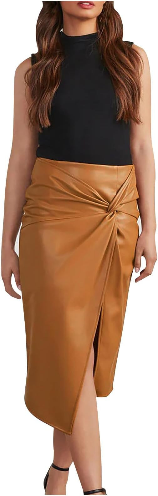 Women Elegant High Waist Twisted Knot Wrap Faux Leather Skirt Vintage Split PU Midi Skirts Stretc... | Amazon (US)