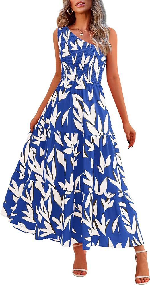 XIONGMEI Women Summer Dresses 2024 Sexy One Shoulder Sleeveless Smocked Floral Print Boho Flowy S... | Amazon (US)