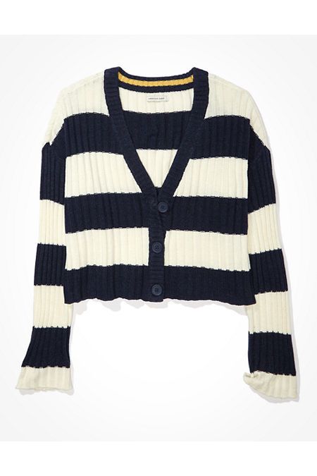 AE Striped Cropped Boxy Button-Up Cardigan | American Eagle Outfitters (US & CA)
