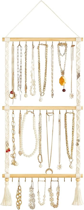 Dahey Hanging Jewelry Organizer Macrame Necklace Holder with 30 Hooks Wall Mounted Jewelry Hanger... | Amazon (US)