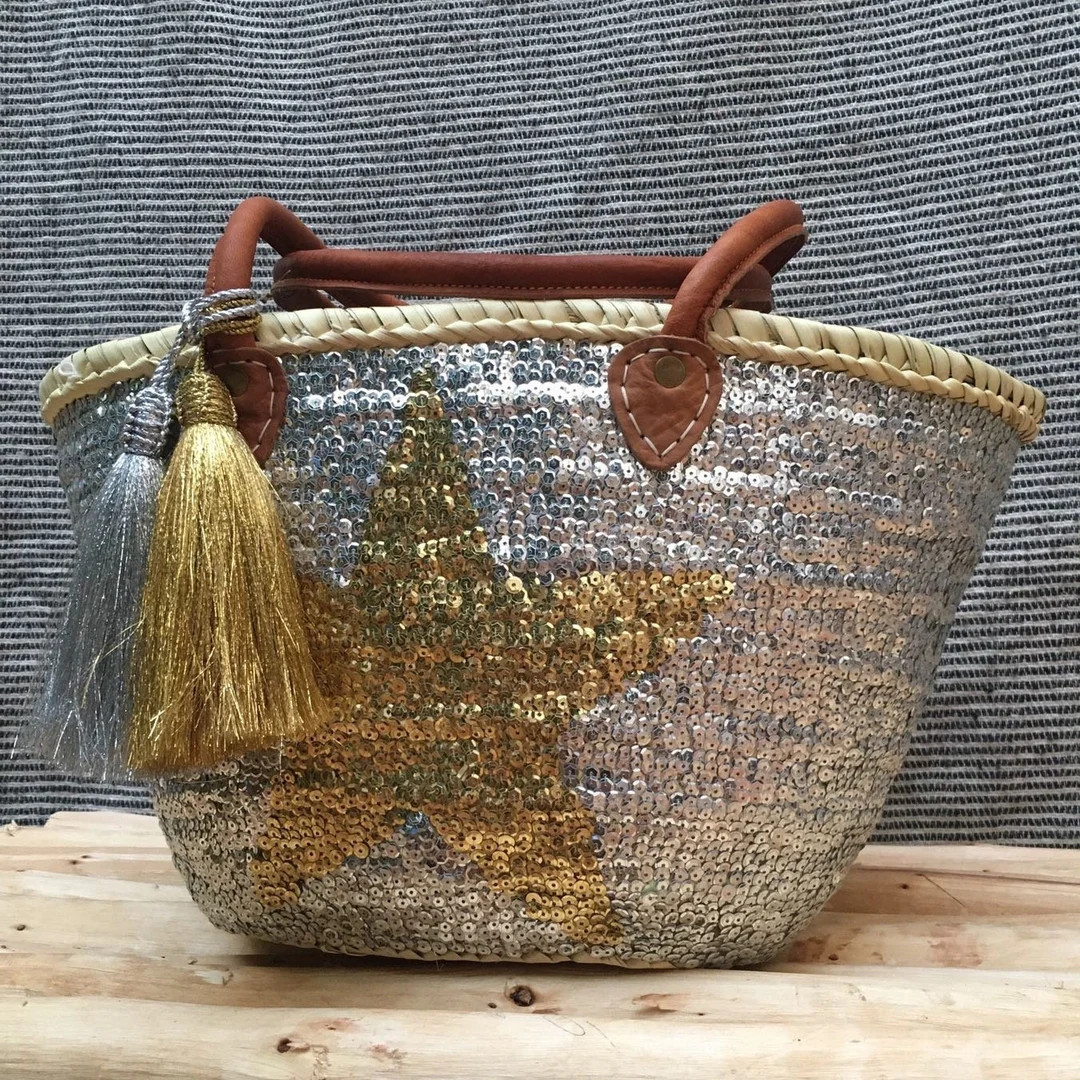 Sac panier en paille Paillettes Argent & Or | Poignées en cuir de panier marocain tissé | Sac d... | Etsy (US)