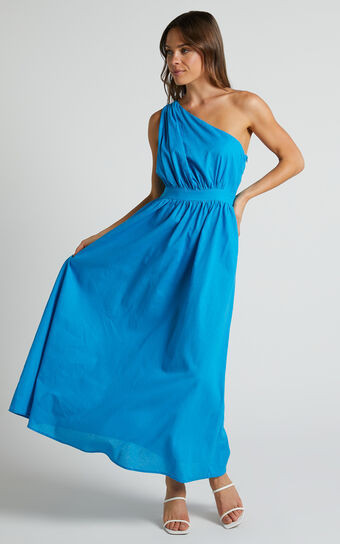 Narina Midi Dress - Linen Look One Shoulder Ruched Bodice A Line Dress in Blue | Showpo (ANZ)