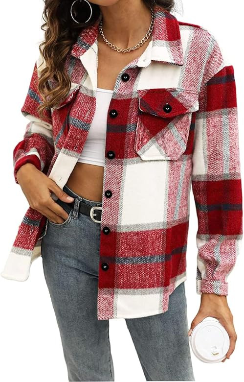 Trendy Queen Womens Flannel Shacket Jacket Casual Plaid Wool Blend Button Down Long Sleeve Shirt ... | Amazon (US)