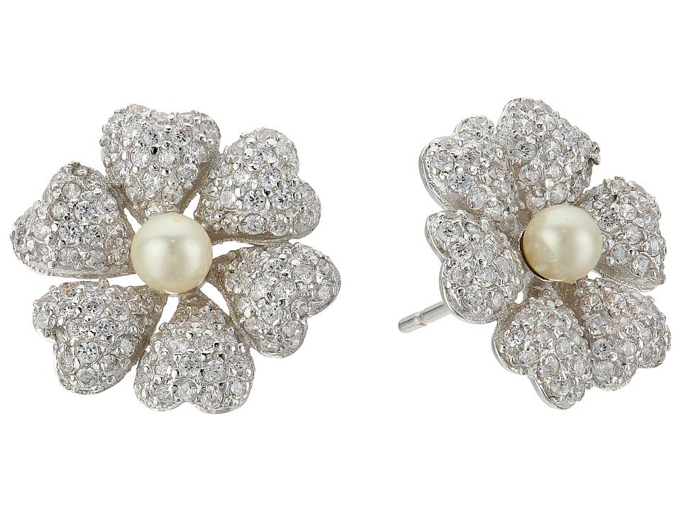 Nina - Pluma Pearl Flower Earrings (Rhodium/Ivory Pearl/White CZ) Earring | Zappos
