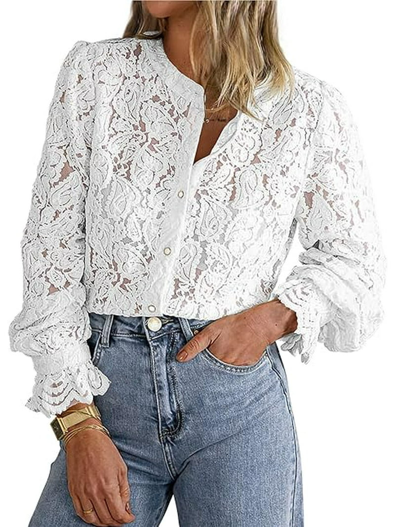 PRETTYGARDEN Women's Dressy Casual Lace Blouse Long Sleeve Button Up Shirts Tops Spring Fall Fash... | Walmart (US)