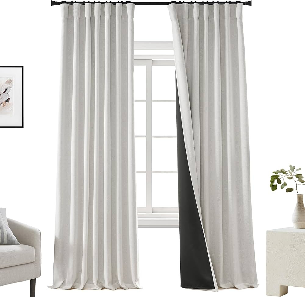 PANELSBURG 102 Inch Long Blackout Linen Curtains,Greyish Off White Pleated Room Darkening Black O... | Amazon (US)