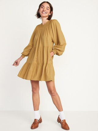 Long-Sleeve Tiered Smocked Embroidered Mini Swing Dress for Women | Old Navy (US)