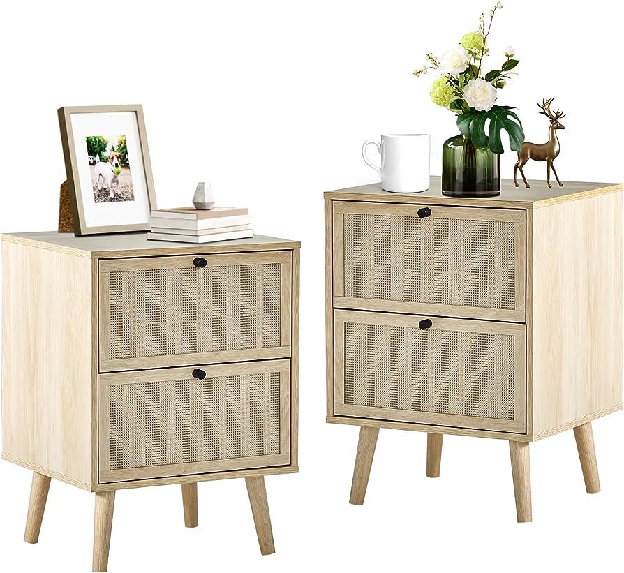 PHOYAL Rattan Nightstand Set of 2, End Table Bedside Side with 2 Hand Made Decorated Drawers Wood... | Amazon (US)