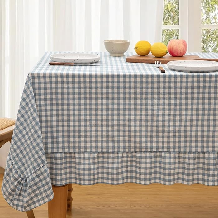 KKJIAF Dusty Blue Gingham Tablecloth 60 x 84 Inch, Cotton Plaid Tablecloth with Ruffle Edge Desig... | Amazon (US)