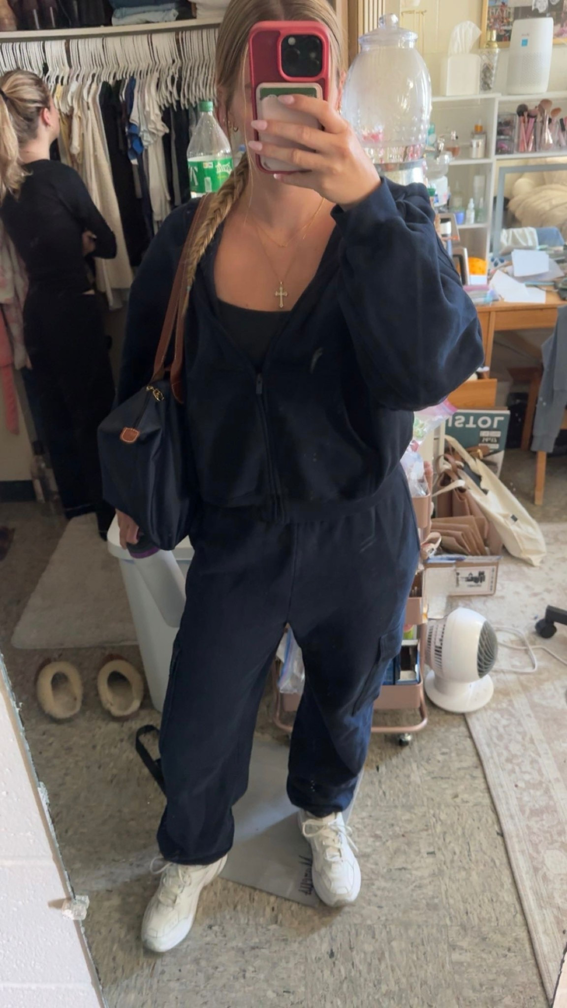 Ready for class in aritzia sweat fleece set in admiral blue with the cargo joggers 