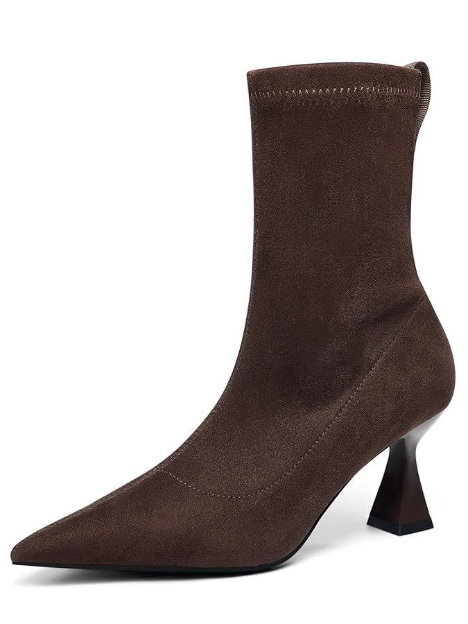 Coutgo Womens Ankle Boots Pointed Toe Low Kitten Heel Side Zipper Office Dress Fall Booties Shoes | Amazon (US)