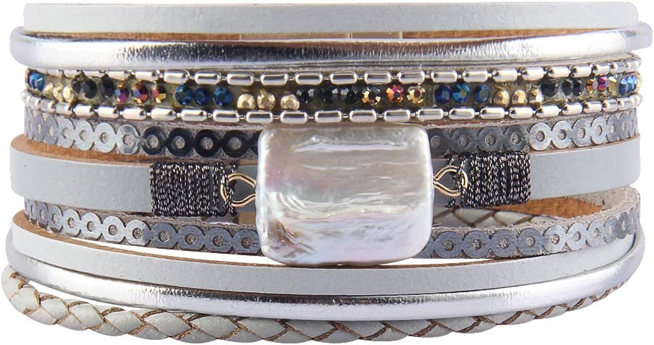 GelConnie Baroque Pearl Leather Cuff Bracelet Multi Strand Wrap Bracelets Magnetic Bohemian Brace... | Amazon (US)