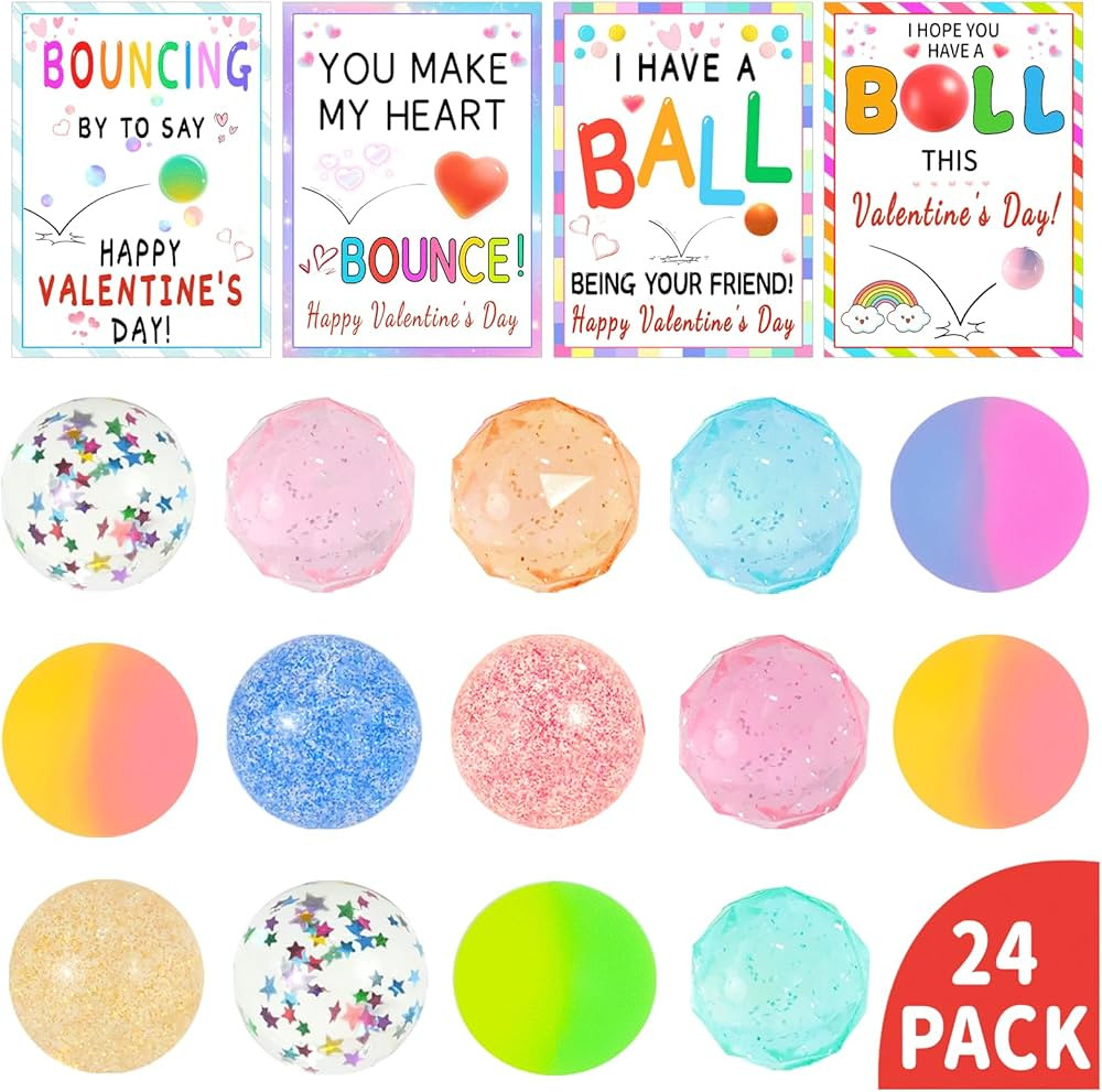 Valentines Gifts for Kids - Valentines Day Cards for Kids School, 24 Pack Bouncy Balls, Mini Fidg... | Amazon (US)