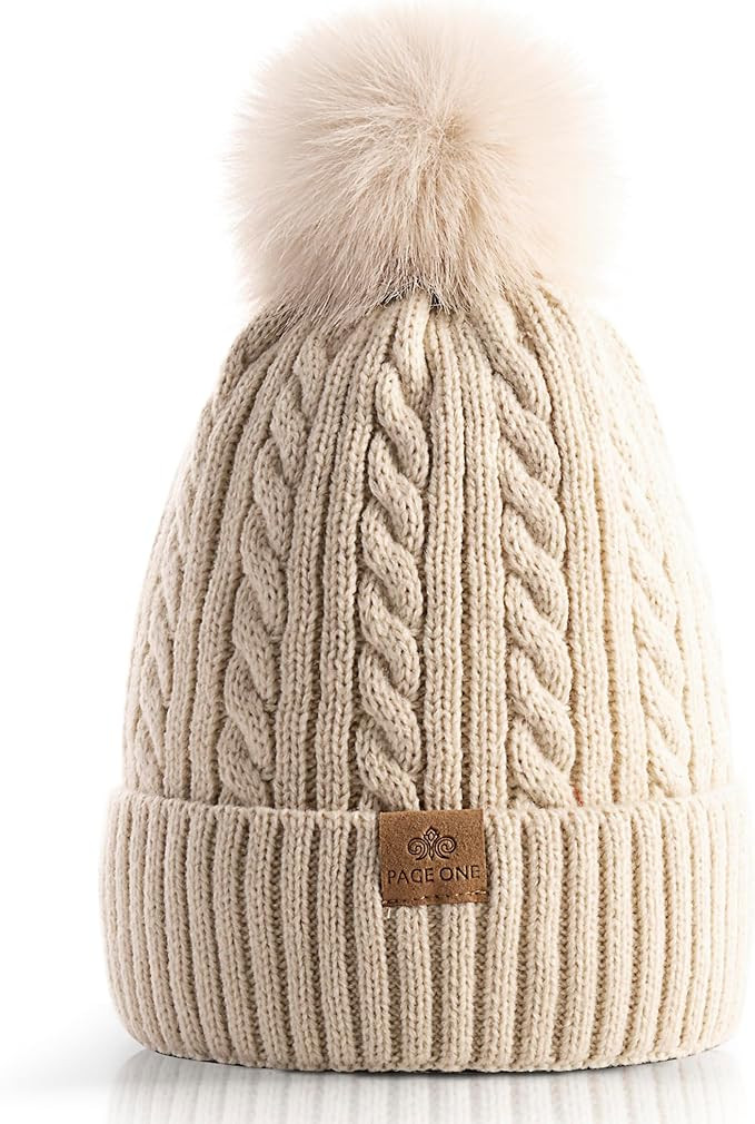 PAGE ONE Women Winter Pom Pom Beanie Hats Warm Fleece Lined,Chunky Trendy Cute Chenille Knit Twis... | Amazon (US)
