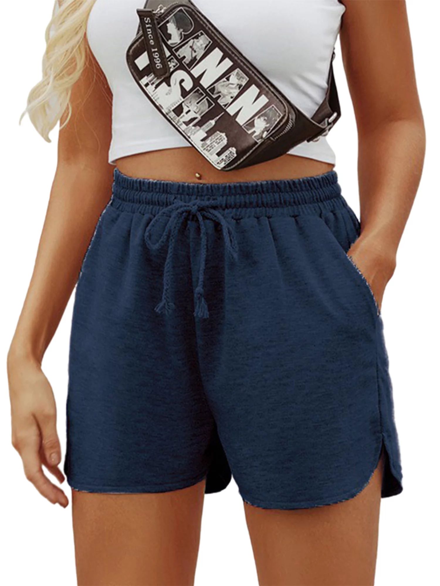 Womens Elastic Waist Holidays Pocket Shorts High Waist Lounge Casual Drawstring Shorts | Walmart (US)