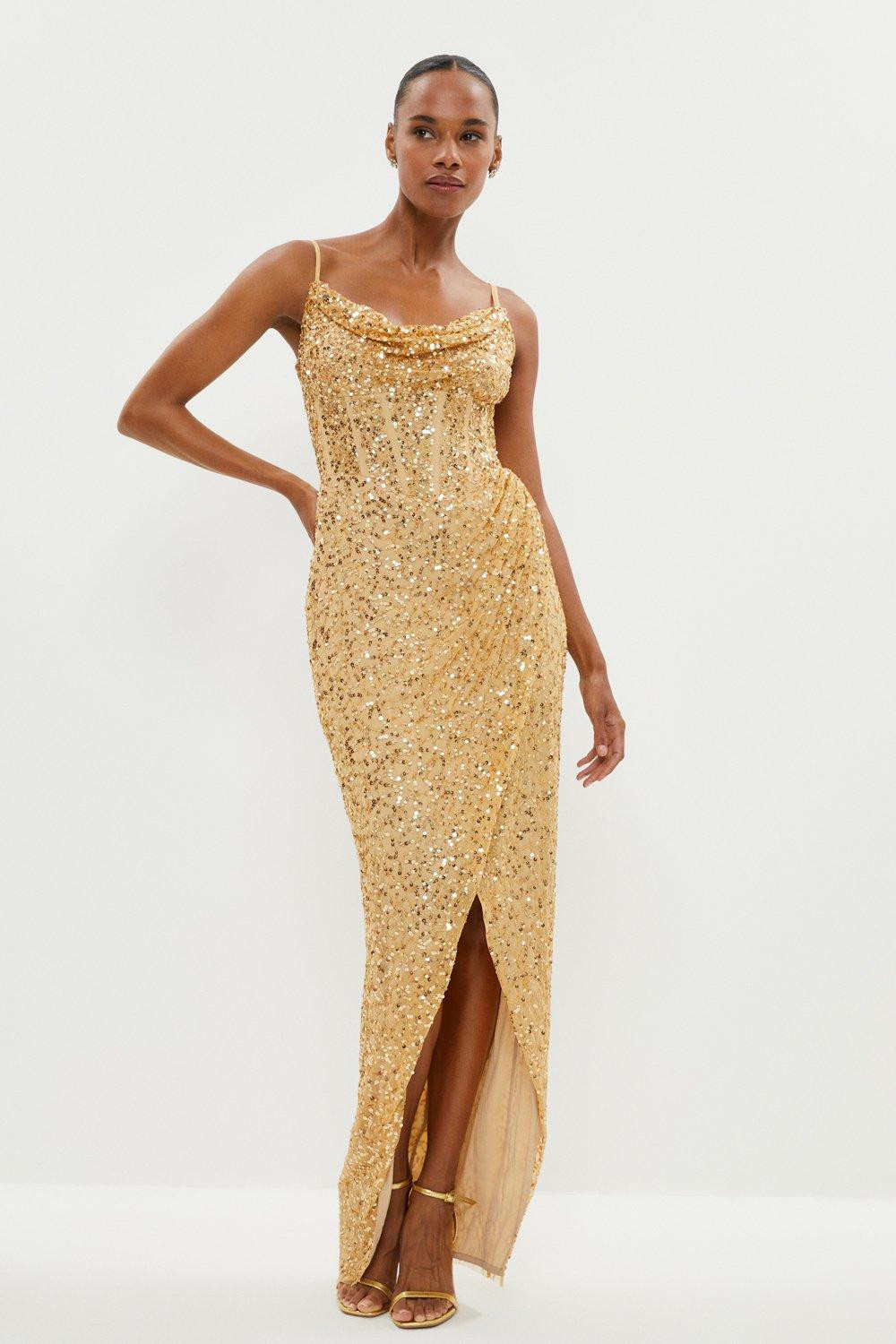 Cowl Neck Corset Bodice Sequin Maxi Dress | Coast UK & IE