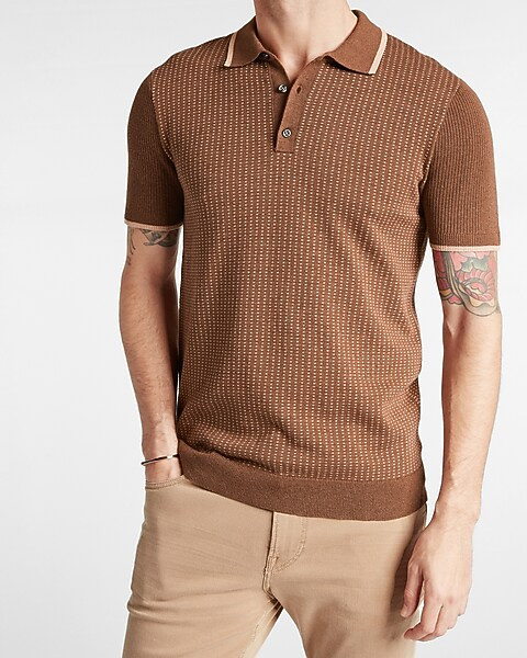 Jacquard Striped Cotton Short Sleeve Polo Sweater | Express