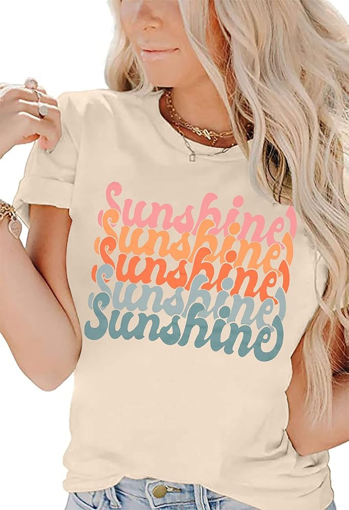 Women Sunshine Graphic Tshirts Funny Colorful Letter Print Tee Shirt Short Sleeve Summer Casual Tee  | Amazon (US)