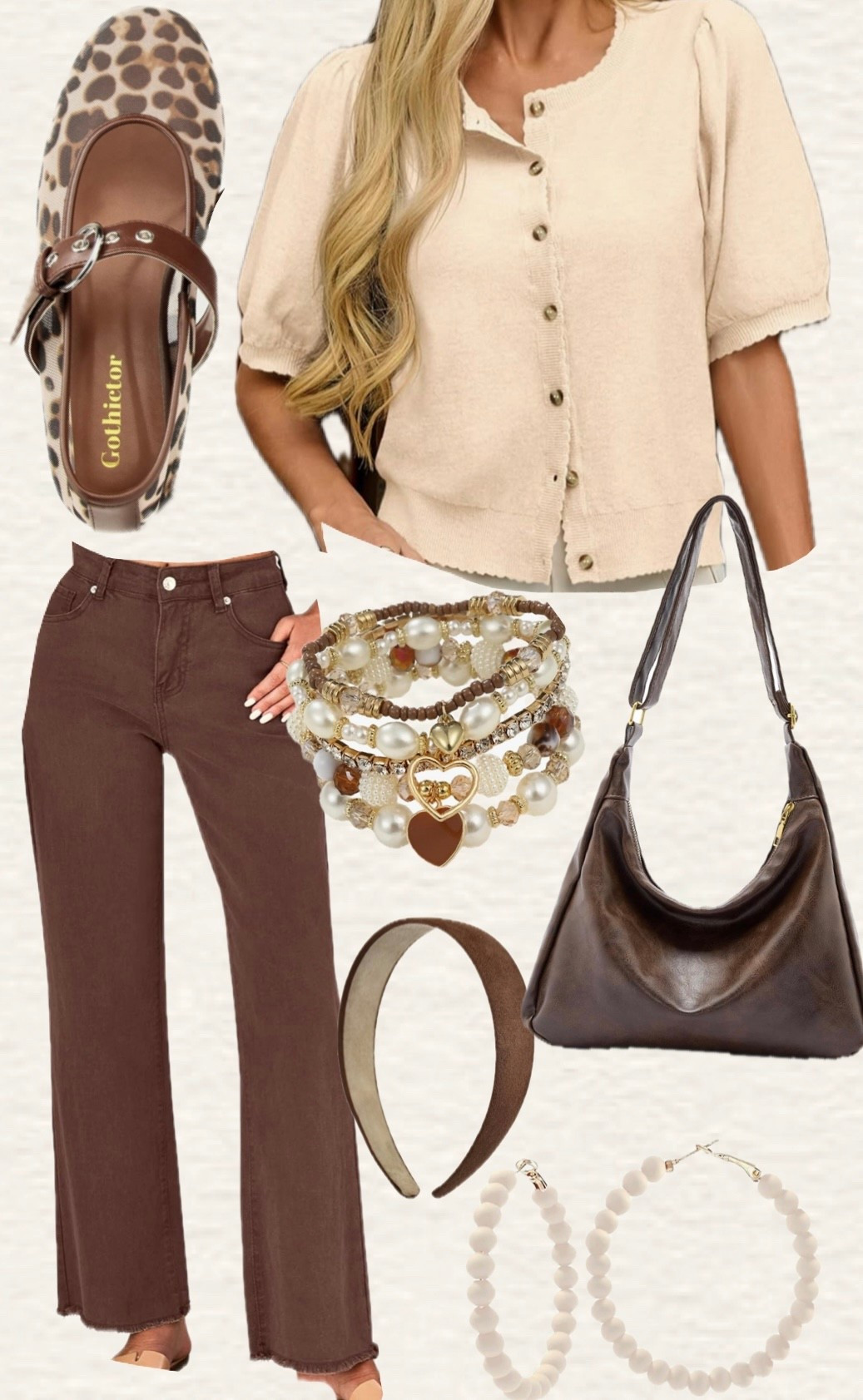 Amazon fall outfit idea! Brown jeans, leopard flats, brown tote purse, tan sweater 